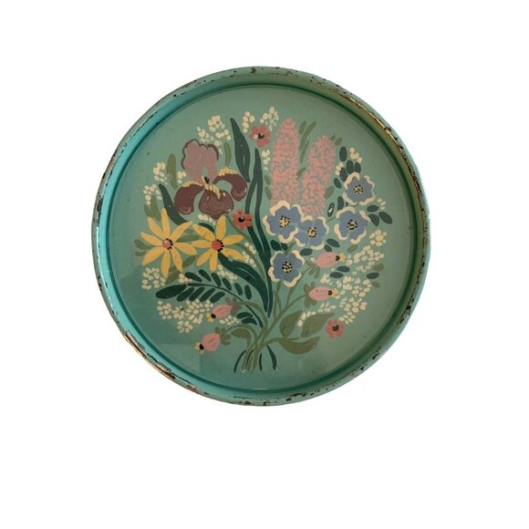 4 Vintage Hand Painted Toleware Robins Egg Blue Floral COASTER SET Metal w Glass - Picture 4 of 8